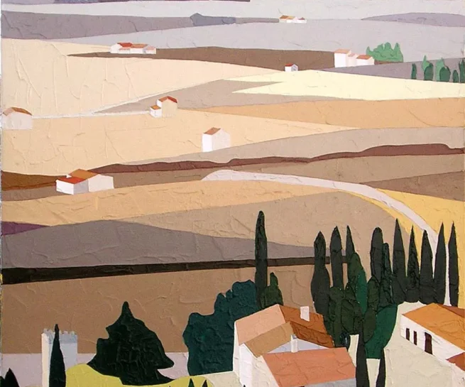 Acrylic painting of a Southern French landscape inspired by Monaco and wine regions, created by Franco in 1999 (50x70 cm). The artwork features beige-toned rolling hills, scattered houses with terracotta roofs, and green cypress trees, capturing the light and serene atmosphere of Provence. Part of a private collection.