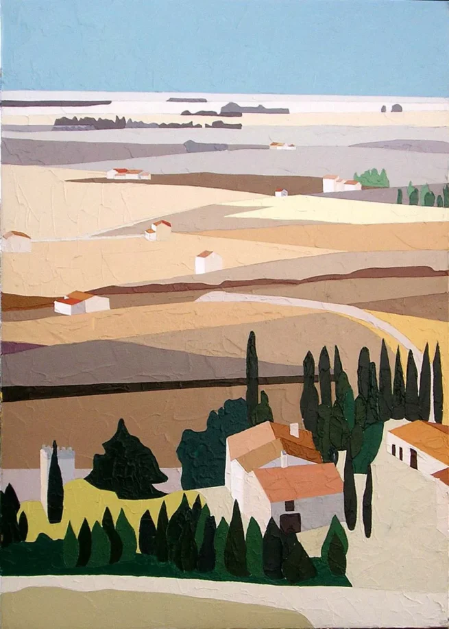 Acrylic painting of a Southern French landscape inspired by Monaco and wine regions, created by Franco in 1999 (50x70 cm). The artwork features beige-toned rolling hills, scattered houses with terracotta roofs, and green cypress trees, capturing the light and serene atmosphere of Provence. Part of a private collection.