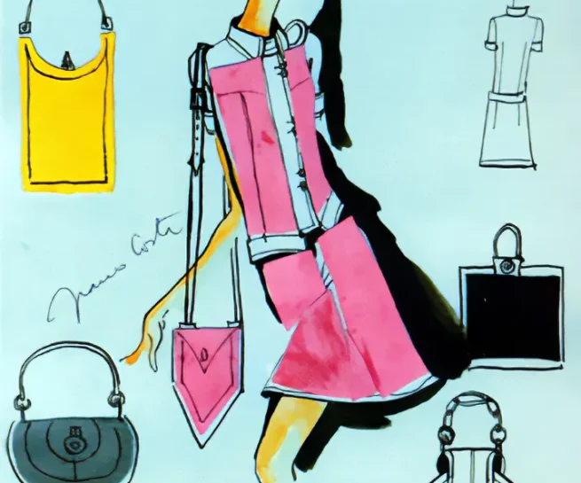 Fashion illustration from the mid-sixties featuring a model in a pink dress with accessories, including handbags and shoes, by Franco Costa, who worked with Haute Couture brands like Dior, Grès, Lancetti, and Valentino.
