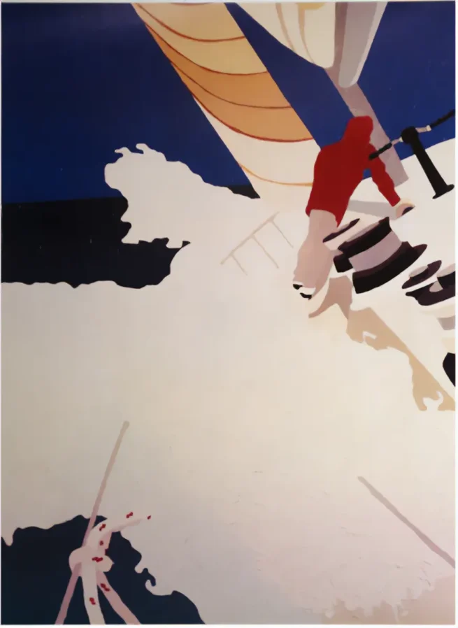Limited edition silkscreen 'Roaring Forties' (1989), 70 x 100 cm, inspired by the Whitbread Round The World Race and the rough seas near Antarctica, depicting the challenges of nature faced by boats in the race, particularly the Spinnaker Reach at dawn.