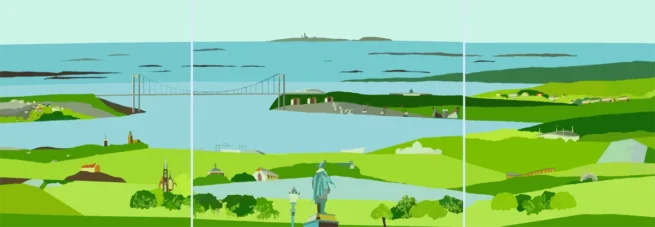 Silkscreen triptych 'Magnificent Gothenburg!' depicting the artist's deep connection to the city, inspired by his love for the people, nature, and green spaces in Gothenburg, where he spent significant time in his life.
