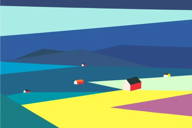 Limited edition silkscreen 'Båstad – Paesaggio Svedese' (1978), 100 x 70 cm, by Franco Costa. The artwork captures the simplicity and serene beauty of Swedish landscapes, with clear colors, clean contours, and straight lines, reflecting both Costa's unique style and the tranquil essence of Sweden.