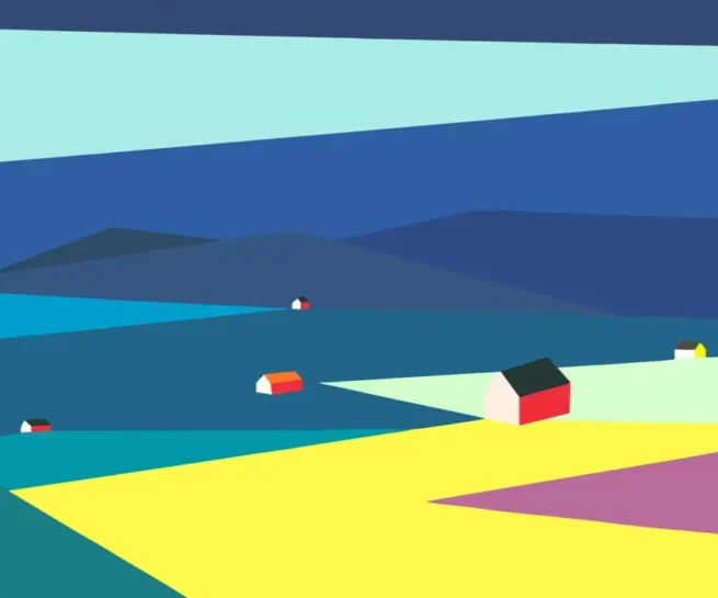 Limited edition silkscreen 'Båstad – Paesaggio Svedese' (1978), 100 x 70 cm, by Franco Costa. The artwork captures the simplicity and serene beauty of Swedish landscapes, with clear colors, clean contours, and straight lines, reflecting both Costa's unique style and the tranquil essence of Sweden.