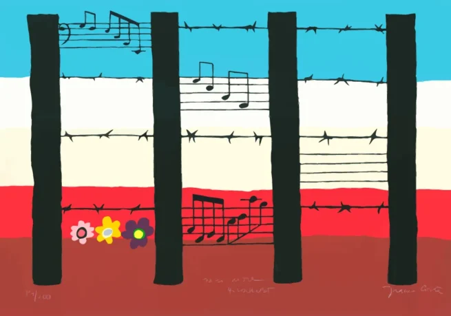 Limited edition silkscreen 'Never More Holocaust' (1994), 100 x 70 cm, symbolizing the agony of Jews killed by Nazi terror. The painting was personally presented to Pope John Paul II, expressing both remembrance and hope for a better future through the imagery of flowers.