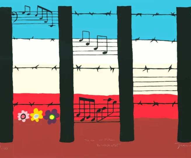 Limited edition silkscreen 'Never More Holocaust' (1994), 100 x 70 cm, symbolizing the agony of Jews killed by Nazi terror. The painting was personally presented to Pope John Paul II, expressing both remembrance and hope for a better future through the imagery of flowers.