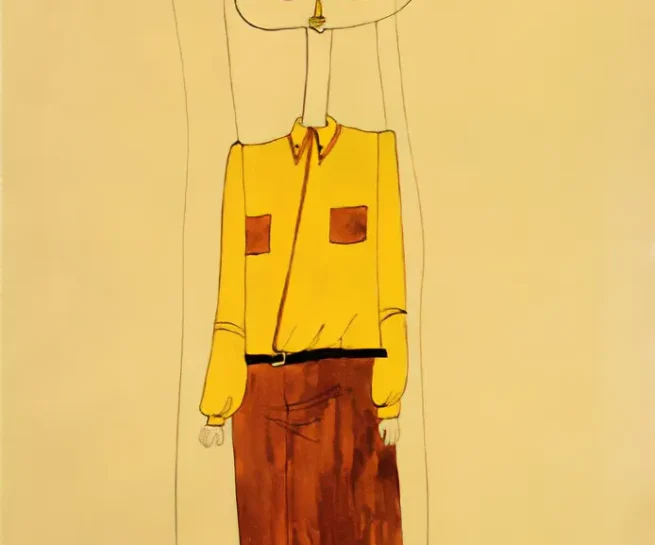 Illustration by Franco from the early 1970s depicting a whimsical, elongated figure with exaggerated features, a mustache, and colorful clothing. The artwork reflects Franco's transformation during his rebellious hippy phase, characterized by witty, playful, and confused imagery.