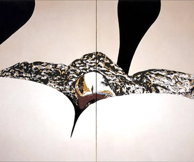 Oil painting diptych titled 'Flying with Joshoua' (1982), created by Franco. The artwork features a stylized abstract sculpture, inspired by petrified whale bone, overlaid on the human form. Originating from Franco's visit to Alaska in the early 1980s, the piece reflects his Arte Vita style, with intricate textures, earthy tones, and dynamic shapes across two canvases (2x 85x130 cm).