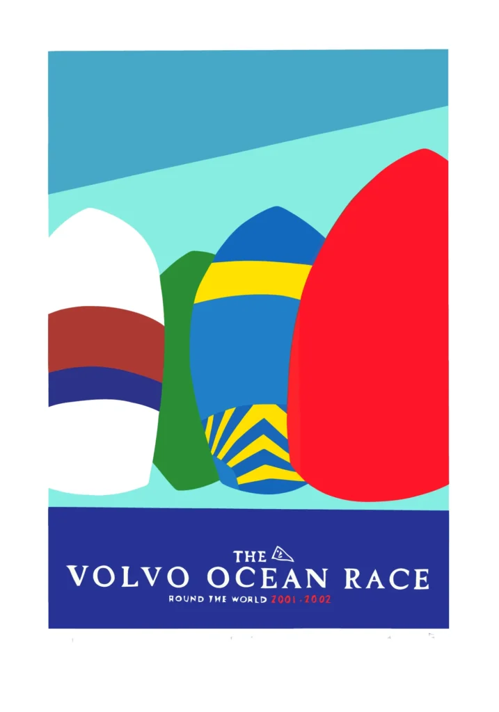 Flying Kites artwork from the Volvo Ocean Race 2001-2002, featuring colorful sails against a vibrant background.