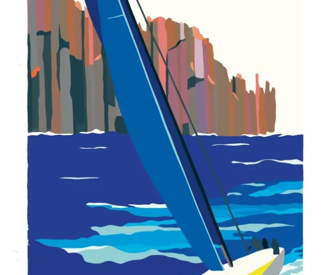 The Organ Pipes artwork from the Volvo Ocean Race 2001-2002, featuring a sailboat navigating near the dramatic cliffs of Tasmania.