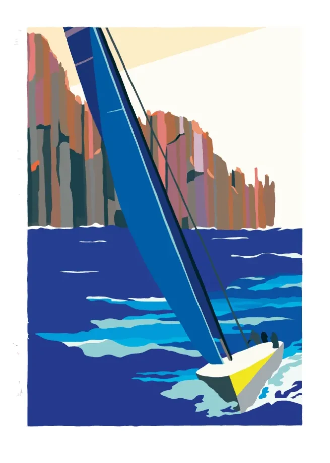 The Organ Pipes artwork from the Volvo Ocean Race 2001-2002, featuring a sailboat navigating near the dramatic cliffs of Tasmania.