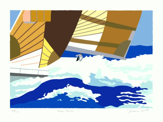 Power Reaching artwork from the Volvo Ocean Race 2001-2002, depicting dynamic sails and a sailor navigating through powerful ocean waves.