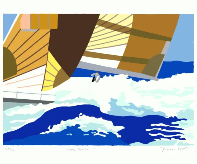 Power Reaching artwork from the Volvo Ocean Race 2001-2002, depicting dynamic sails and a sailor navigating through powerful ocean waves.