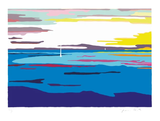 The Doldrums artwork from the Volvo Ocean Race 2001-2002, showcasing calm ocean waters with vibrant, colorful skies.