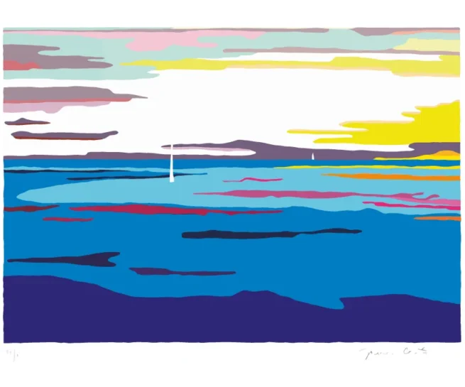 The Doldrums artwork from the Volvo Ocean Race 2001-2002, showcasing calm ocean waters with vibrant, colorful skies.