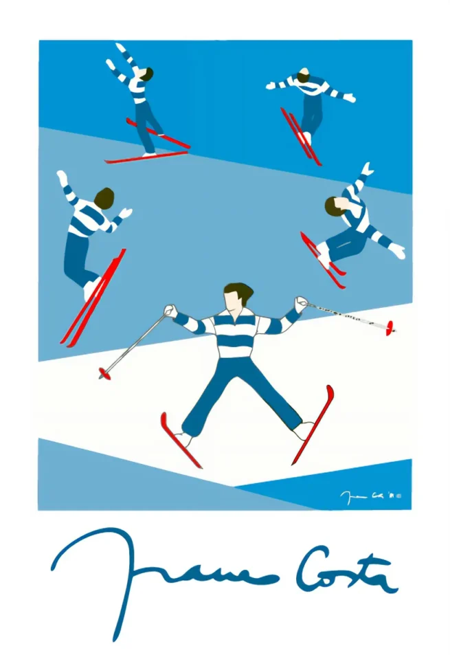 Ski Acrobatic World Championship artwork by Franco Costa (1981), featuring dynamic skiing movements in vibrant colors, created for Volvo's sponsorship of sports events.