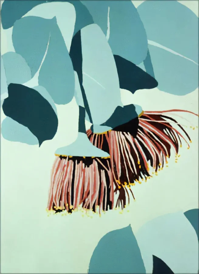 Artwork of eucalyptus flowers and leaves, showcasing delicate pink blooms and soft green foliage, emphasizing botanical beauty and natural simplicity